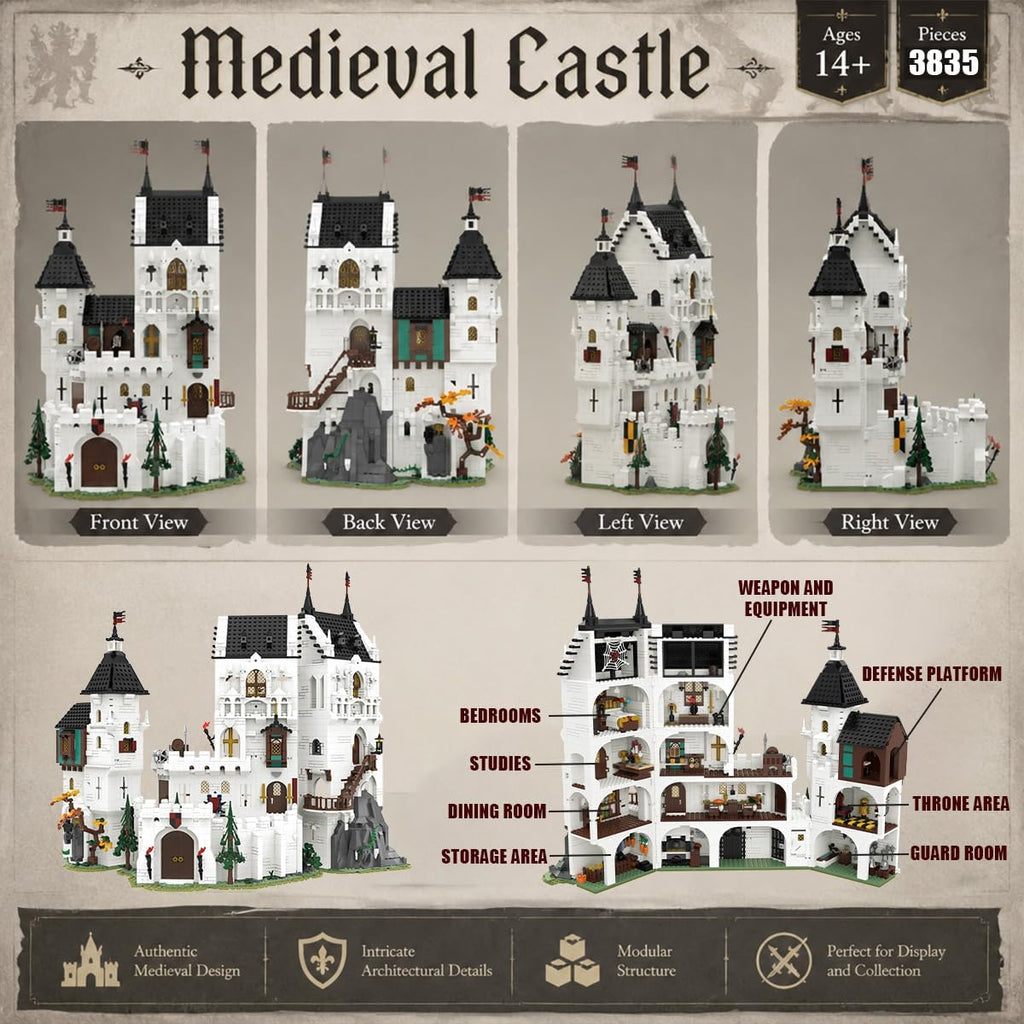 Juego de construcción de castillo blanco medieval 2 en 1 para