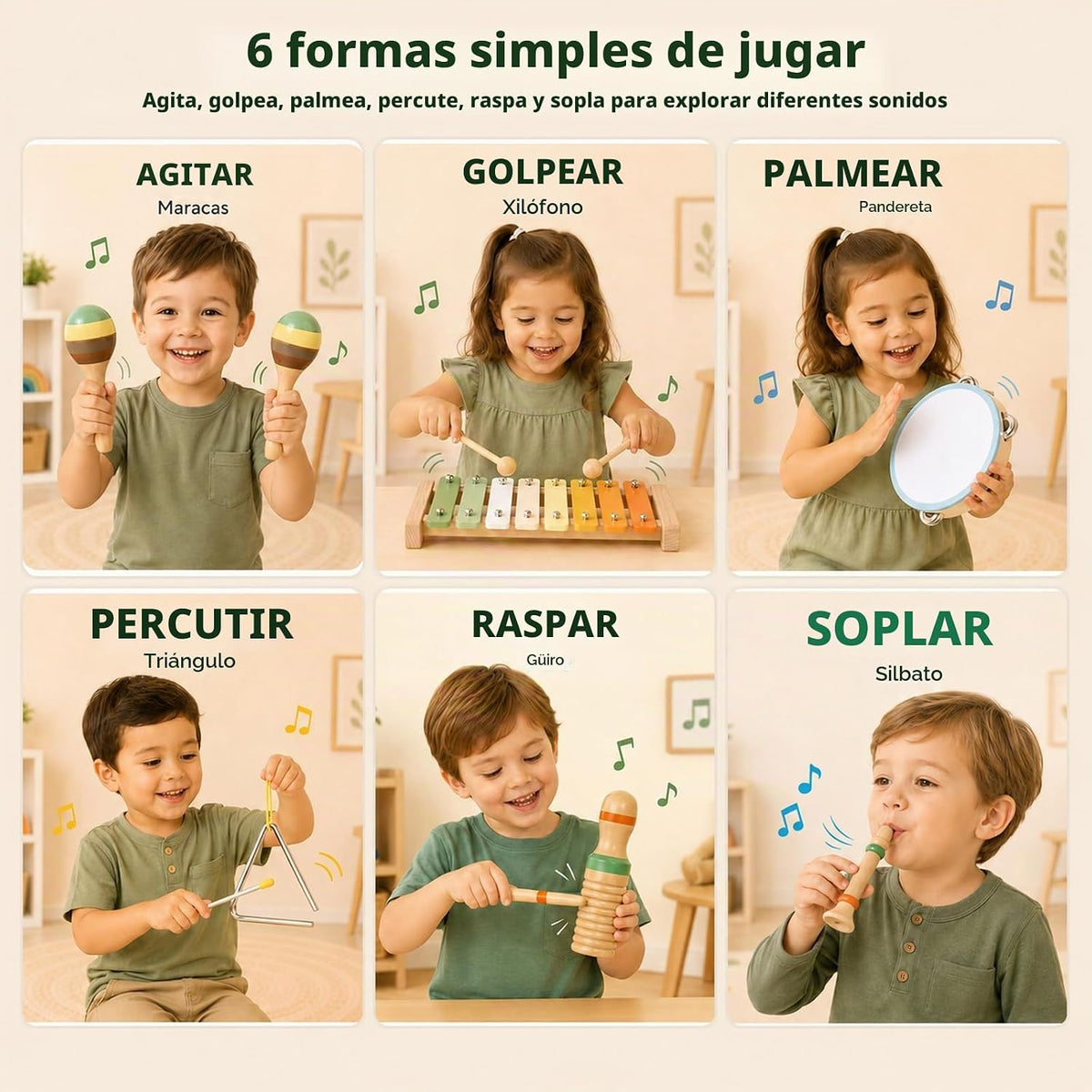 Instrumentos musicales de madera, juego de percusión Montessori de 12