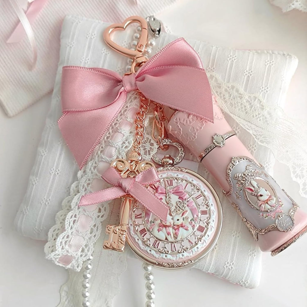 Flower Knows Bunny Garden - Bálsamo labial y colgante para bolsa, llavero rosa y espejo de mano de cupido de fresa, espejo de maquillaje decorativo rosa