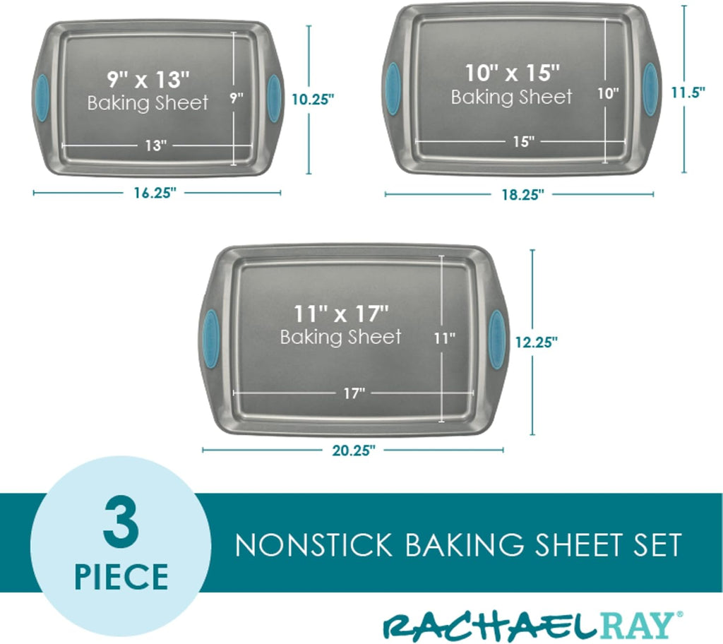Rachael Ray Juego de bandejas antiadherentes para hornear, 3 piezas, gris