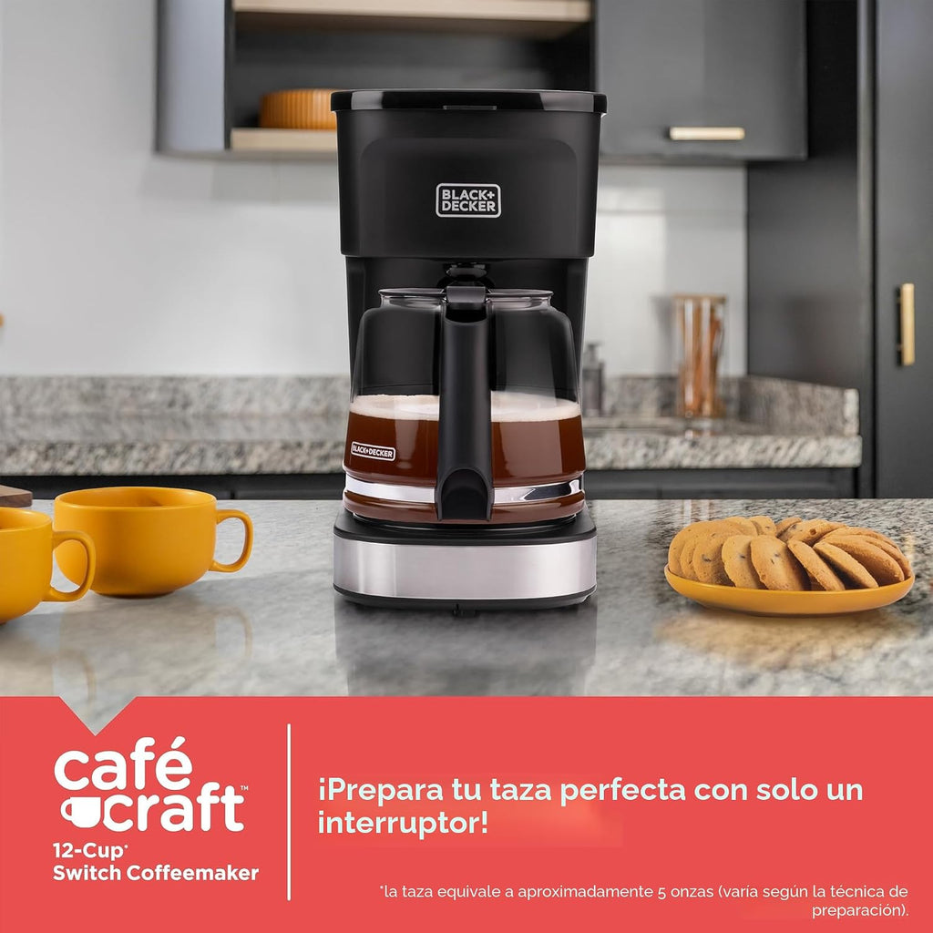 negro+DECKER CAFÉCRAFT Cafetera de goteo para 12 tazas, interruptor único con tecnología Vortex Showerhead, función Sneak-A-Cup, función de mantener caliente, acero inoxidable