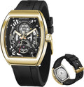 SAPPHERO Reloj para hombre, esfera de esqueleto Tonneau, caja de acero inoxidable, movimiento de cuarzo japonés, correa de silicona, reloj de pulsera deportivo y de moda, resistente a los 30M, fecha