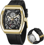 SAPPHERO Reloj para hombre, esfera de esqueleto Tonneau, caja de acero inoxidable, movimiento de cuarzo japonés, correa de silicona, reloj de pulsera deportivo y de moda, resistente a los 30M, fecha