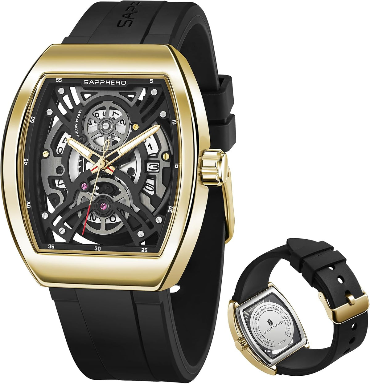 SAPPHERO Reloj para hombre, esfera de esqueleto Tonneau, caja de acero inoxidable, movimiento de cuarzo japonés, correa de silicona, reloj de pulsera deportivo y de moda, resistente a los 30M, fecha