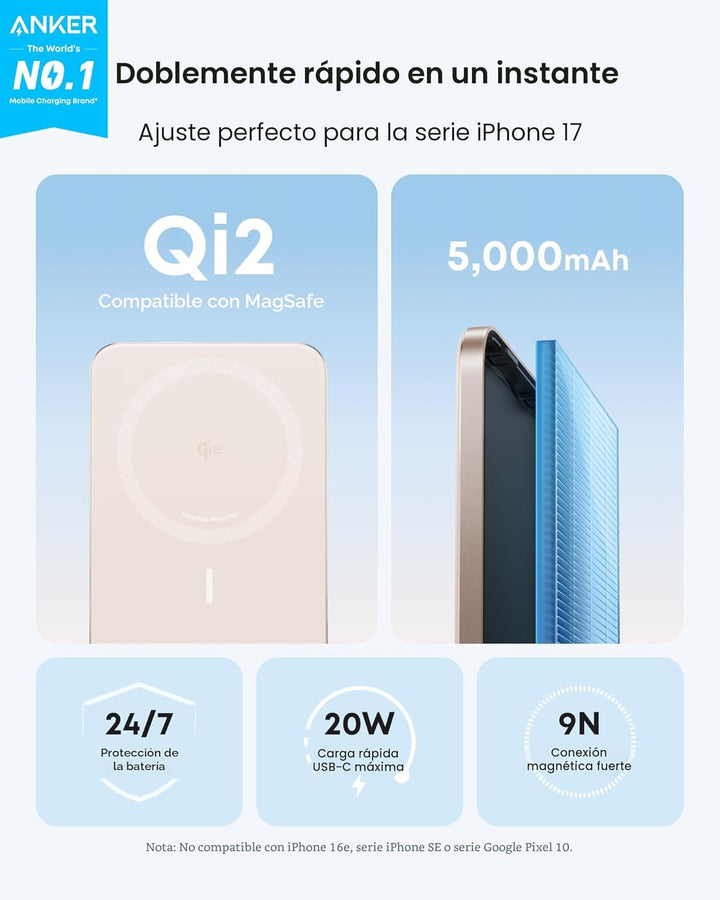 Anker Nano Power Bank, Batería de Carga Magnética Inalámbrica de 5,...
