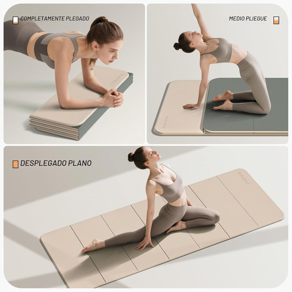 PAIDU Esterilla de yoga plegable para fitness, extra gruesa de 2/5 pulgadas (0.394 in) | TPE antideslizante certificado SGS | 75 x 26 pulgadas extra larga | portátil y fácil de almacenar | para yoga