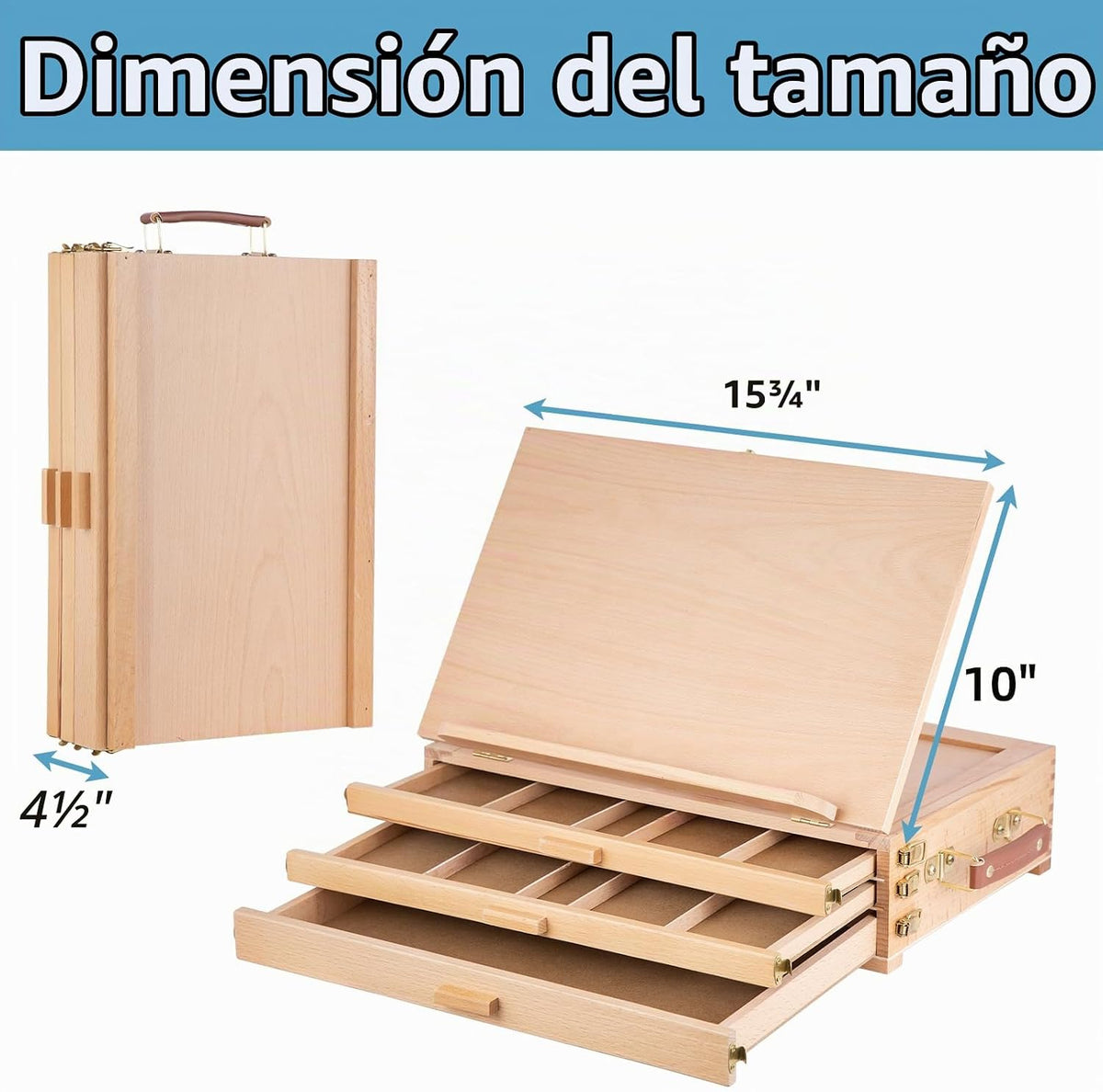 Caballete de mesa portátil de madera de haya con 3 cajones de