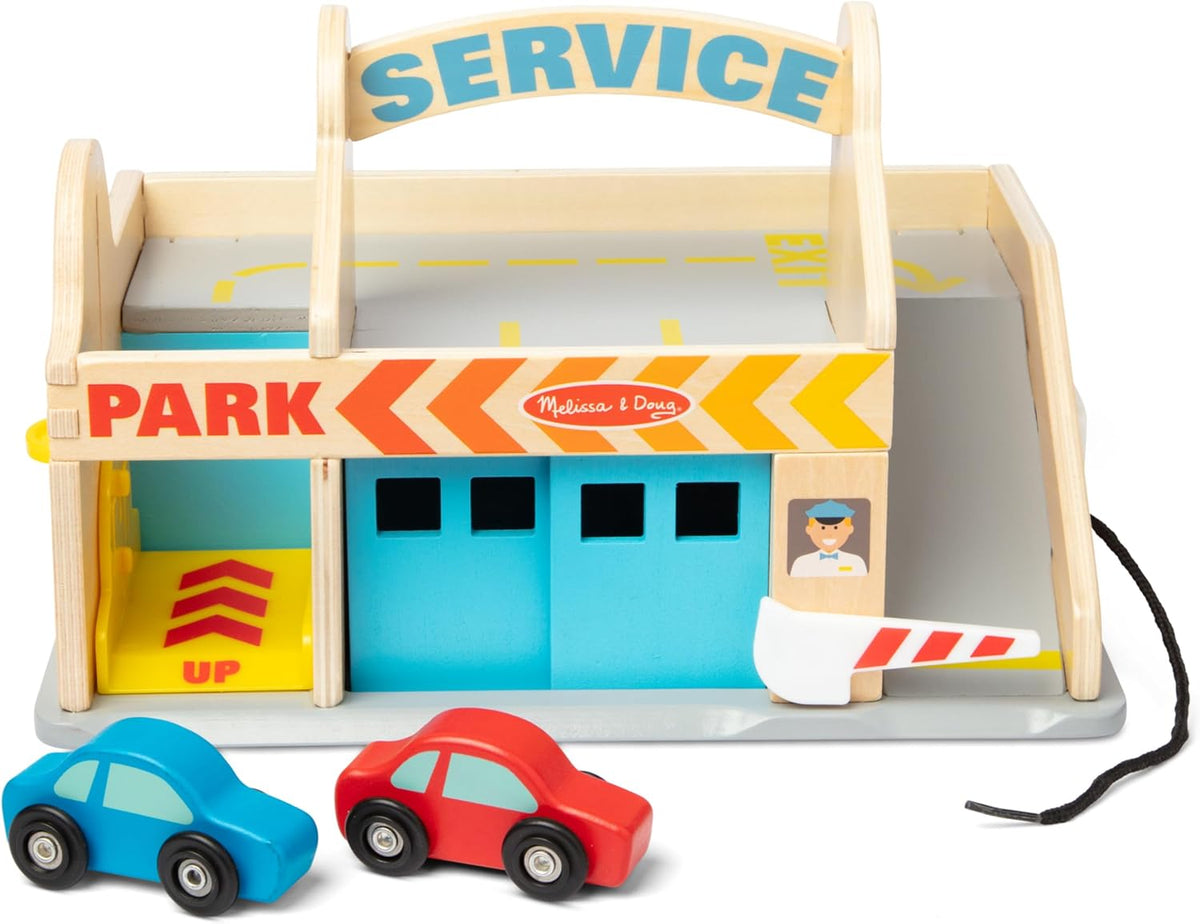Melissa & Doug Estación de Servicio Parqueadero con 2 Coches de Madera y Lavado de Autos Drive-Thru