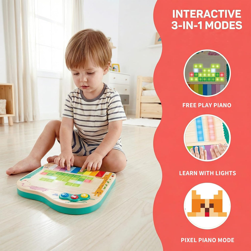 Hape Piano Dynamic Pixel - Piano interactivo 3 en 1 de madera para niños pequeños de 1 a 6 años, juguete sensorial musical con pantalla LED de píxeles, melodías guiadas y sonidos de animales, regalo educativo de aprendizaje temprano