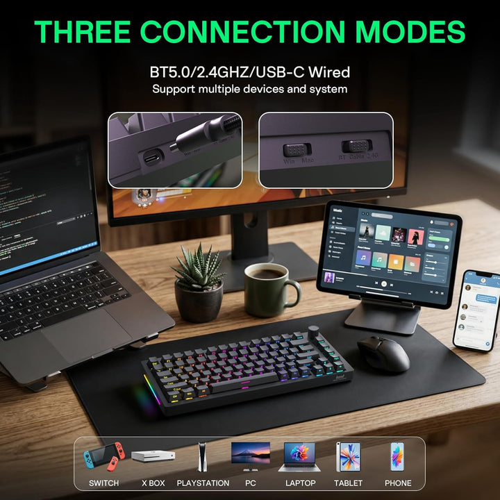 HINATSUSIKE H83 Pro 75 Percent Wireless Mechanical Keyboard for Gam...