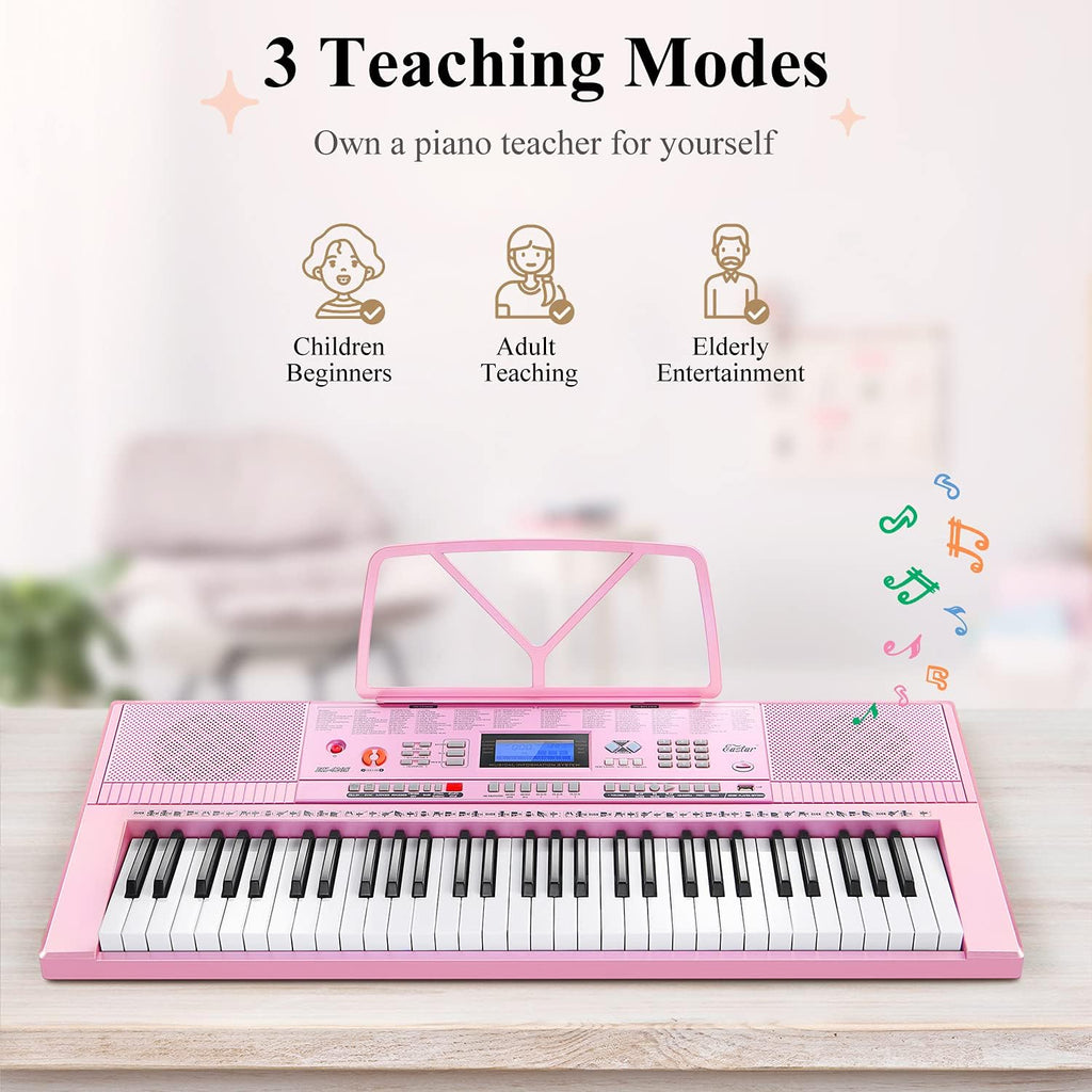 Eastar Kit de piano de teclado electrónico de 61 teclas para principiantes, piano electrónico digital para niños con soporte, banco, soporte de música y micrófono, rosa, instrumento musical, regalos de cumpleaños para niños, niñas e hija