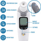 HealthSmart Termómetro infrarrojo parlante para oído y frente, no necesita cubiertas de sonda, apto para FSA y HSA, alarma de fiebre visual, lecturas de audio en inglés y español, escaneo instantáneo