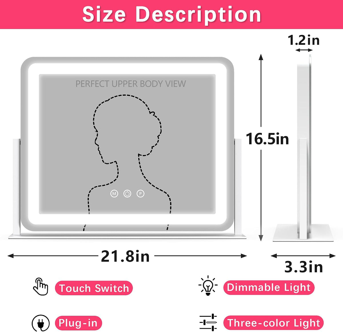 ROLOVE Espejo de tocador grande con luces, espejo de maquillaje iluminado de 22 x 17 pulgadas para escritorio, 3 luces LED regulables de color, control táctil inteligente y rotación de 360° (blanco)