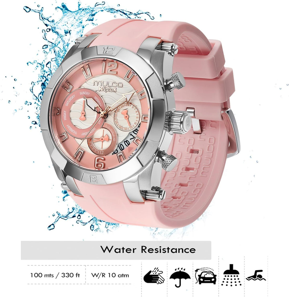 MULCO Relojes para mujer, Kripton Lady - Caja de acero inoxidable de 1.811 in, negro con correa de silicona para muñeca, movimiento multifuncional de cuarzo para día y fecha, pantalla analógica