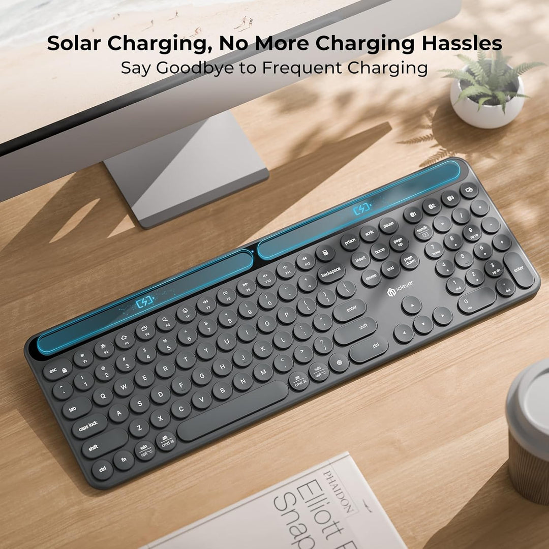 iClever Teclado Bluetooth solar, teclado inalámbrico con carga de l...