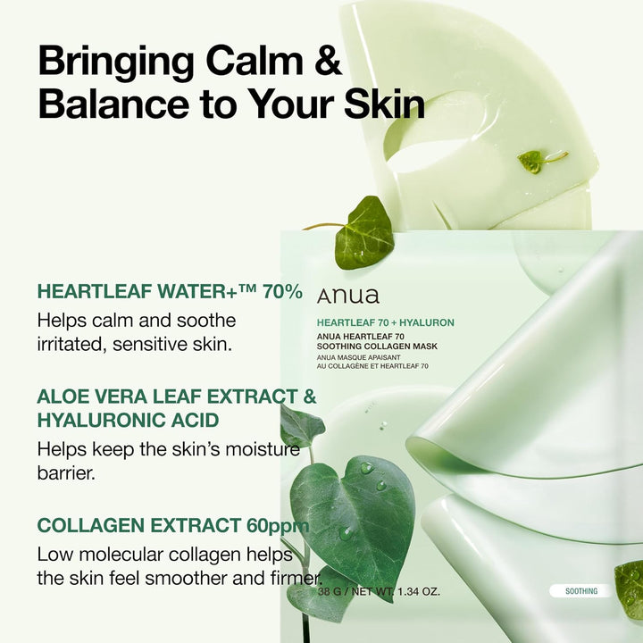 ANUA Heartleaf 70 Mascarilla de Colágeno Suavizante, Mascarilla Fac...