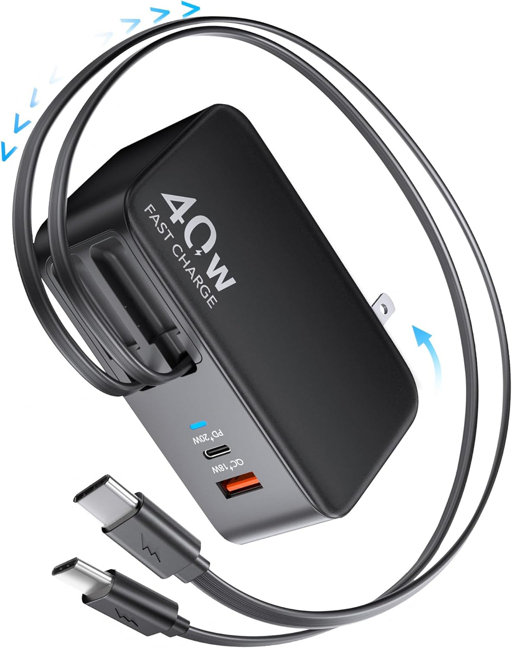 Cargador de pared retráctil USB C 4 en 1, carga rápida de 40 W para