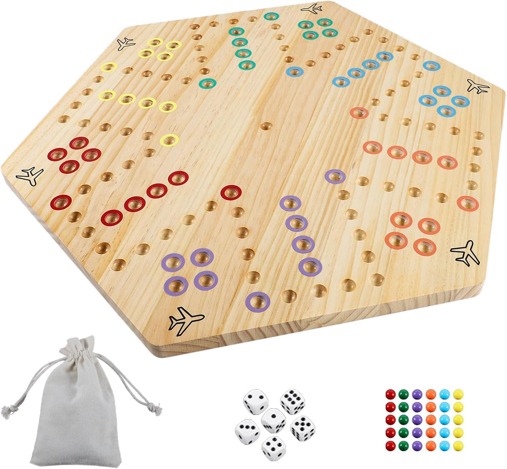 HOROW Wahoo - Juego de mesa original de madera de 23.6 pulgadas, clásico juego de pista rápida pintado de 2 lados para 4 jugadores y 6 jugadores con 30 canicas, 6 dados para noche de juegos familiares (extra grande)