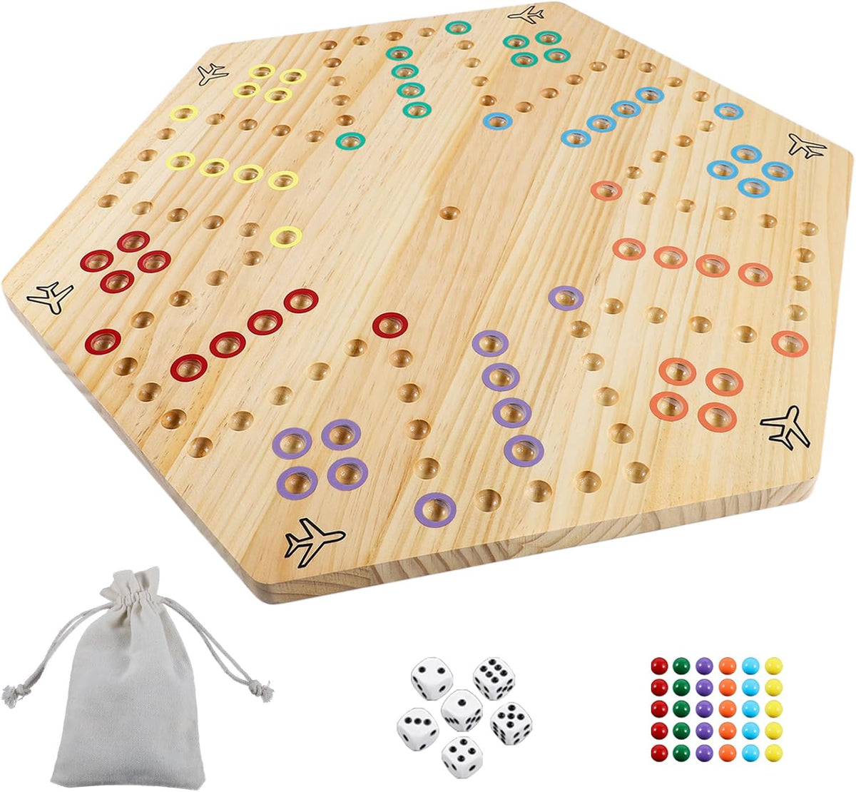 HOROW Wahoo - Juego de mesa original de madera de 23.6 pulgadas, clásico juego de pista rápida pintado de 2 lados para 4 jugadores y 6 jugadores con 30 canicas, 6 dados para noche de juegos familiares (extra grande)