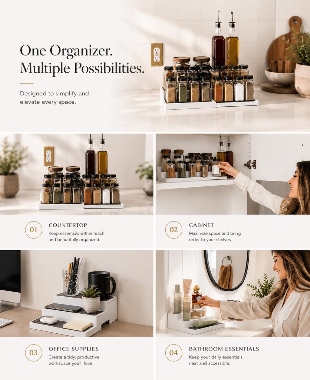 Paquete de 2, organizador de especias expandible de 3 niveles para gabinete y estante de despensa de cocina, estantes antideslizantes para especias, condimentos, alimentos enlatados, organizador de botiquín - Incluye embudos de silicona