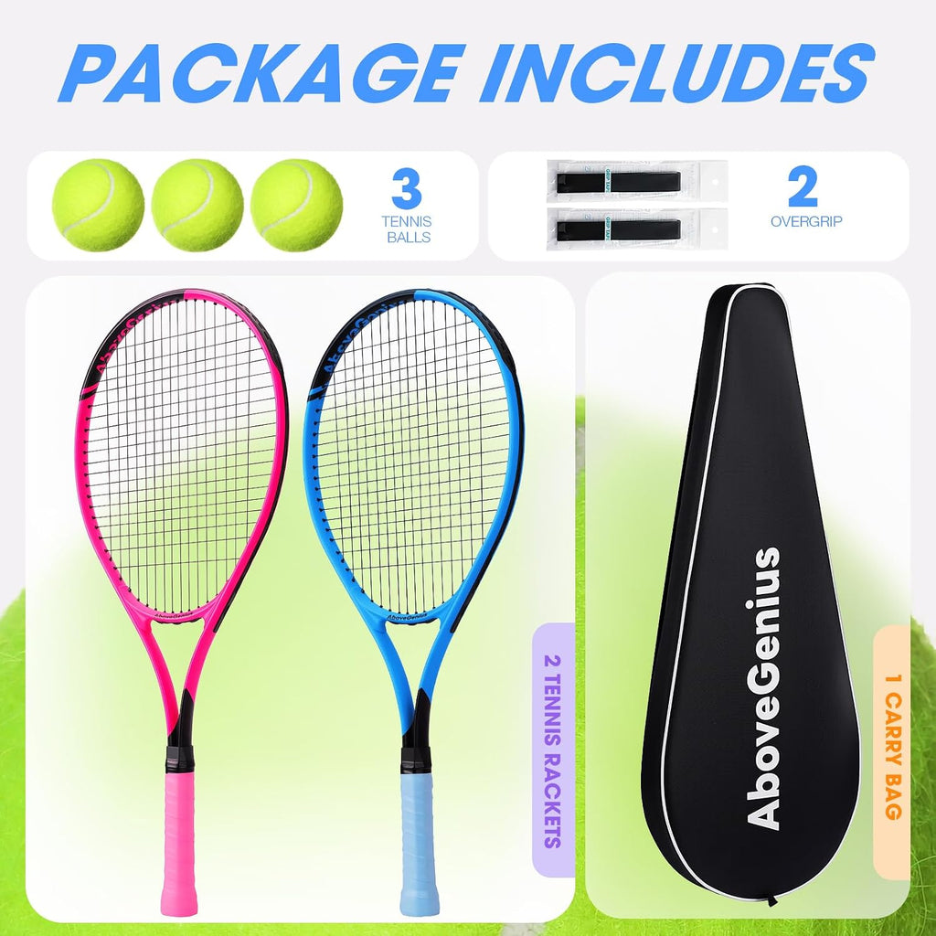 Paquete de 2 raquetas de tenis neón para adultos, juego de raquetas de tenis de aluminio ligeras de 27 pulgadas con 3 pelotas y bolsa, acabado mate vibrante de alta visibilidad para