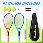 Paquete de 2 raquetas de tenis neón para adultos, juego de raquetas de tenis de aluminio ligeras de 27 pulgadas con 3 pelotas y bolsa, acabado mate vibrante de alta visibilidad para
