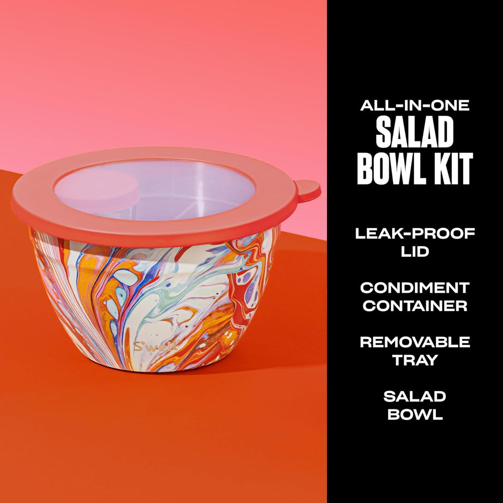 S'well Kit de ensaladera de acero inoxidable de 64 onzas, remolino de mármol, viene con mini recipiente de 2 onzas y bandeja extraíble para organización, a prueba de fugas, fácil de limpiar, apto para