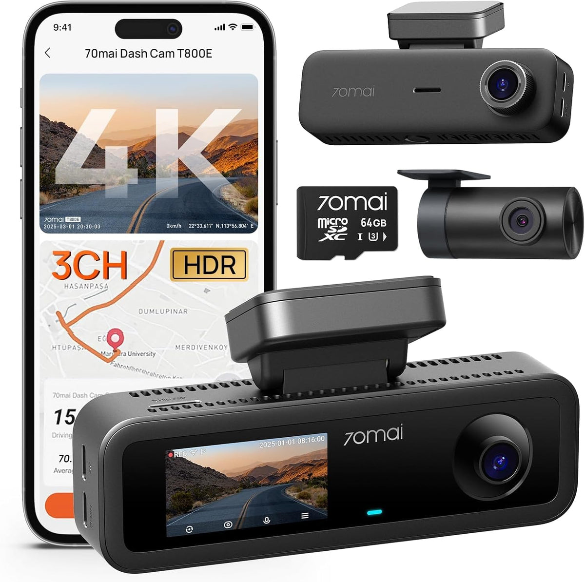 70mai 4K Dash Cam Delantera y Trasera Interior, Cámara de Tablero de 3 Canales para Autos, Dashcam con GPS, Wi‑Fi 6, Control por Voz, Monitor de Estacionamiento, Visión Nocturna, Grabación en Bucle, Tarjeta SD de 64GB Incluida (T800E)