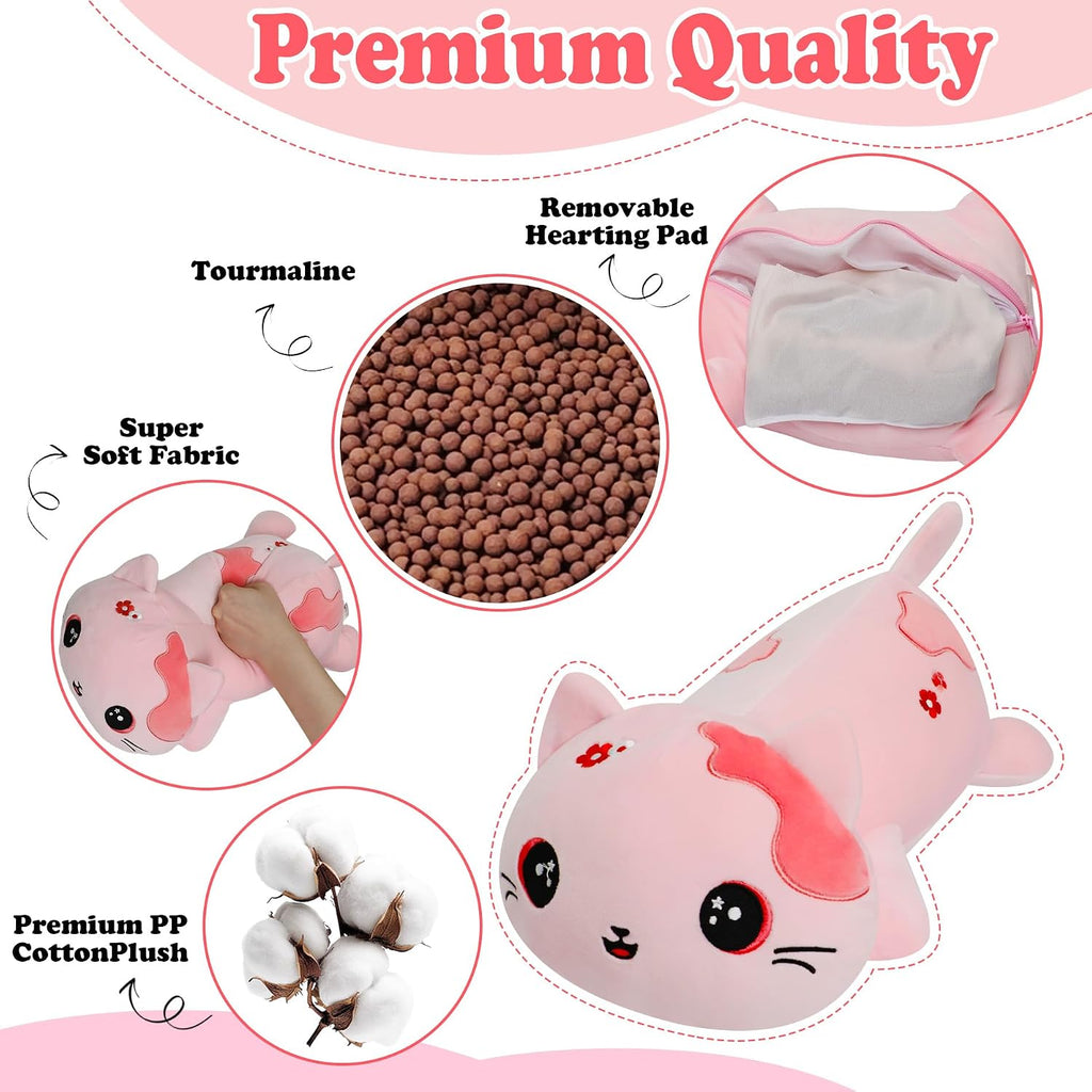 Peluche de gato con peso para microondas, 2.2 libras, peluche de gato rosa grande, lavable a máquina, sin perfume, bonita almohadilla térmica de animal, juguete de peluche cálido para adultos y niños, bordado de flores rosas, 15 pulgadas