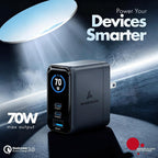 Cargador inteligente LED Wozoyo GaN de 70 W, carga 2XType-C y USB-A Superfast 2.0, compatible con iPhone 17/16/16 Pro Max/15 Series/iPad Pro, teléfonos inteligentes, tabletas y más, PD/PPS/QC 3.0