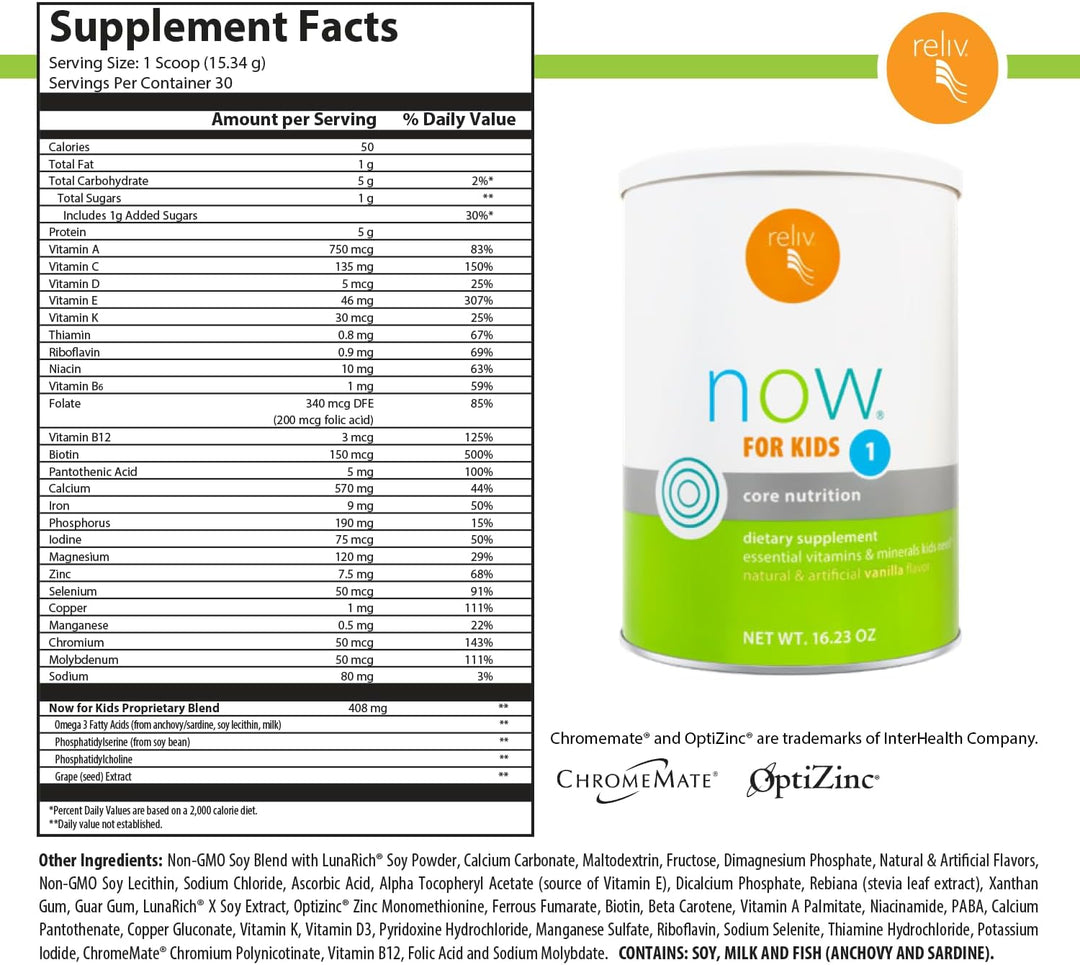 RELIV Now for Kids 1 Vanilla - Batido nutricional bajo en azúcar co...