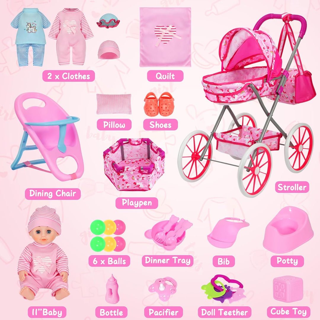 DRAMATION Juego de cochecito de muñeca de unicornio con muñeca de b...