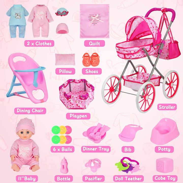 DRAMATION Juego de cochecito de muñeca de unicornio con muñeca de b...