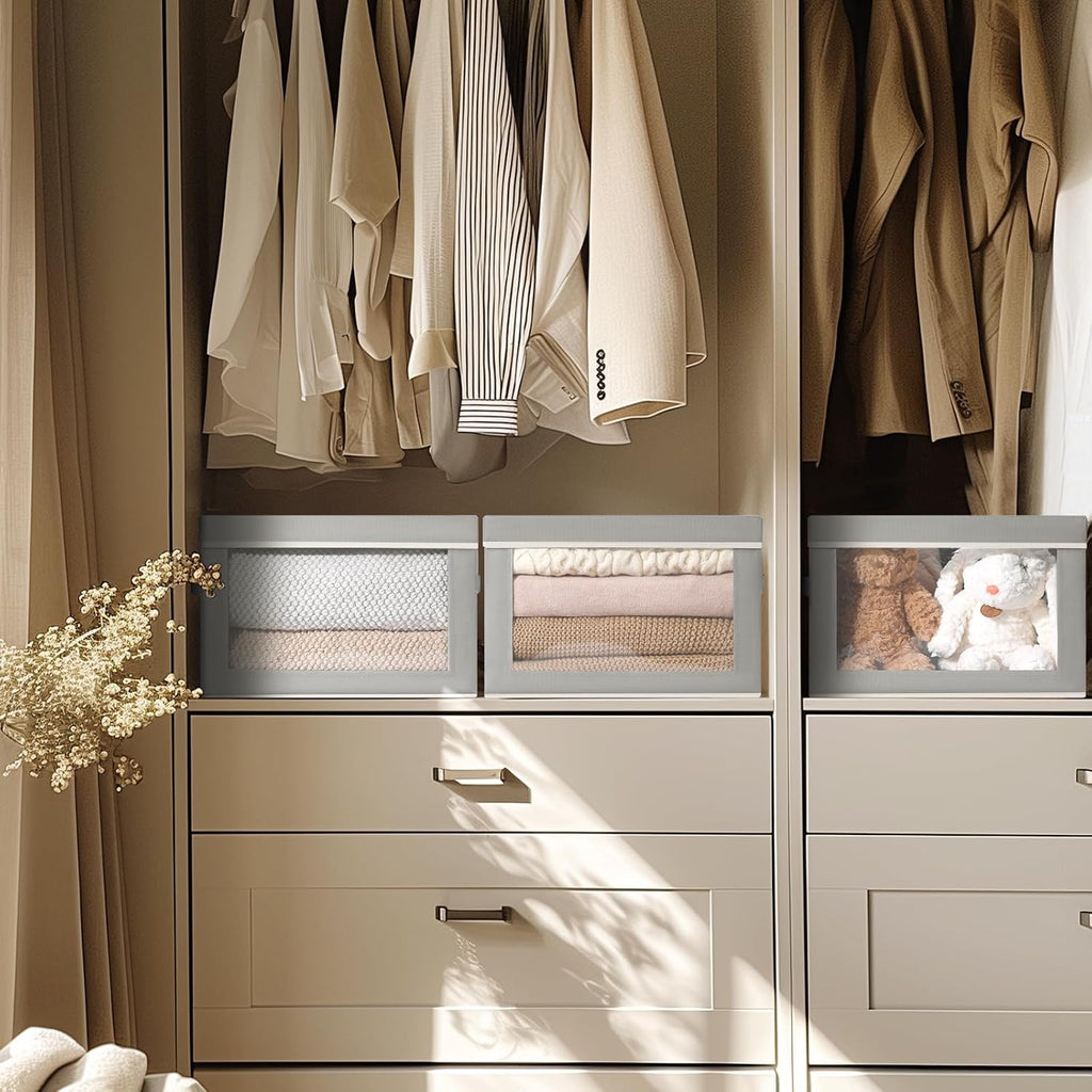 Contenedores de almacenamiento con tapas, contenedores de almacenamiento de tela con ventana, cestas plegables para estantes, paquete de 4, cajas decorativas para el hogar para ropa, armario