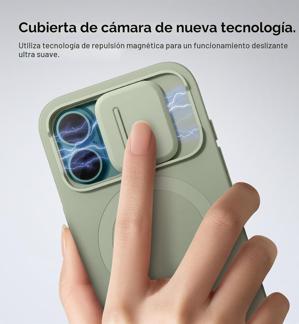 SURITCH Funda para iPhone 16 con cubierta magnética para cámara deslizante y soporte ajustable, compatible con MagSafe, funda protectora delgada a prueba de golpes de 6.1 pulgadas, verde