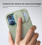 SURITCH Funda para iPhone 16 con cubierta magnética para cámara deslizante y soporte ajustable, compatible con MagSafe, funda protectora delgada a prueba de golpes de 6.1 pulgadas, verde