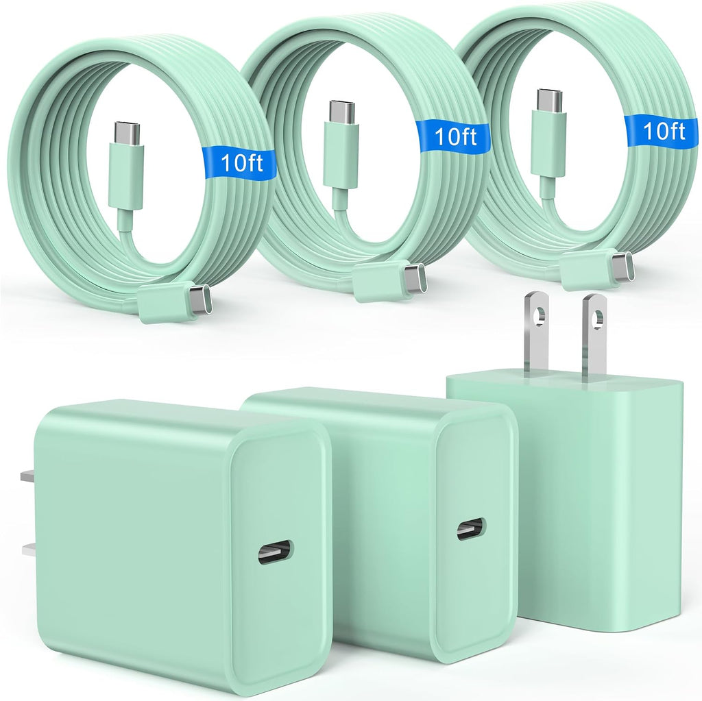 Cargador de carga rápida para iPhone 16 y 15, paquete de 3 cargadores USB C PD de 20 W con cable de 10 pies, cable USB C tipo C para iPhone 16/16 Plus/16 Pro/16 Pro Max/15/15 Pro/15 Pro Max (verde)