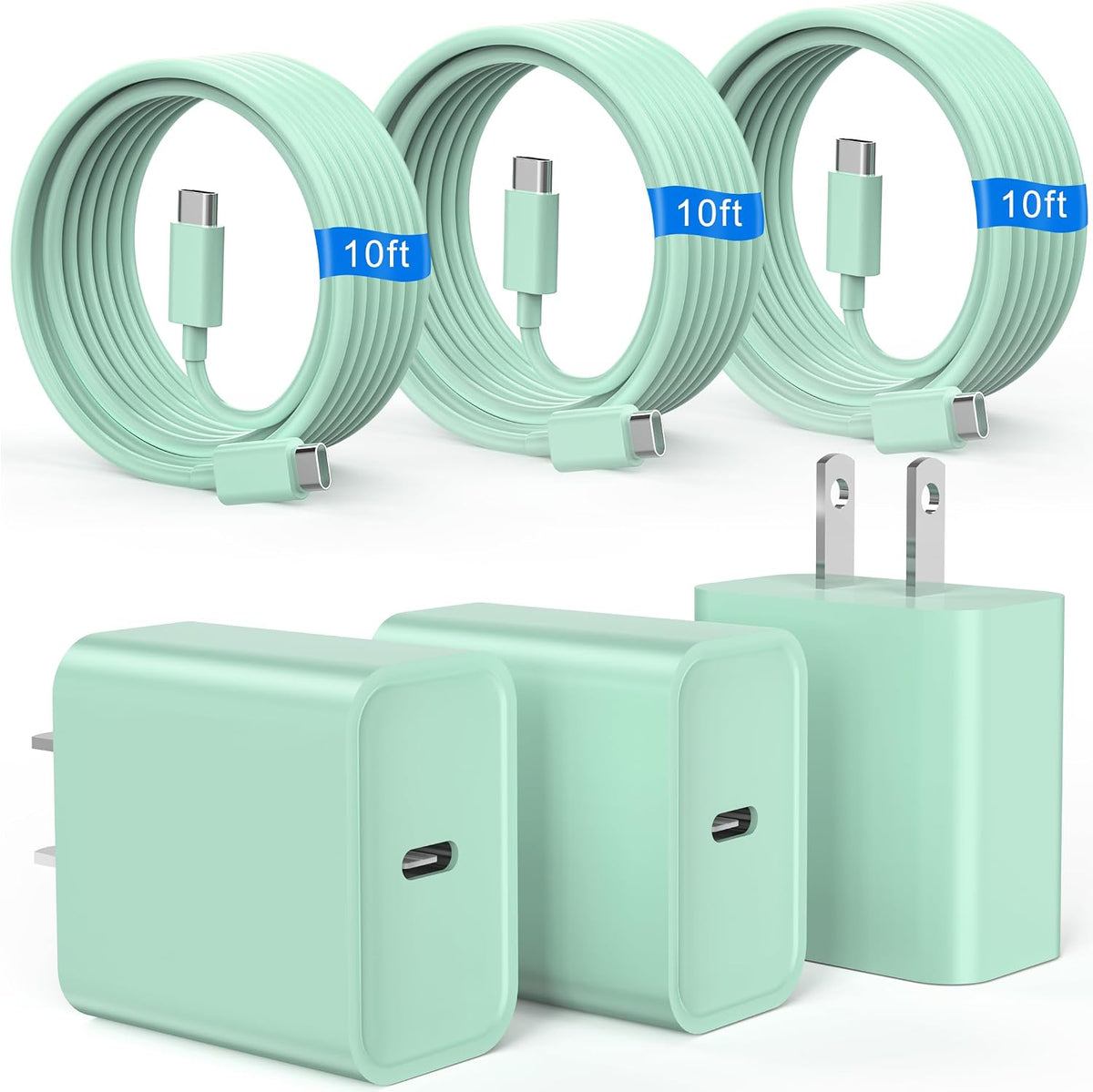 Cargador de carga rápida para iPhone 16 y 15, paquete de 3 cargadores USB C PD de 20 W con cable de 10 pies, cable USB C tipo C para iPhone 16/16 Plus/16 Pro/16 Pro Max/15/15 Pro/15 Pro Max (verde)