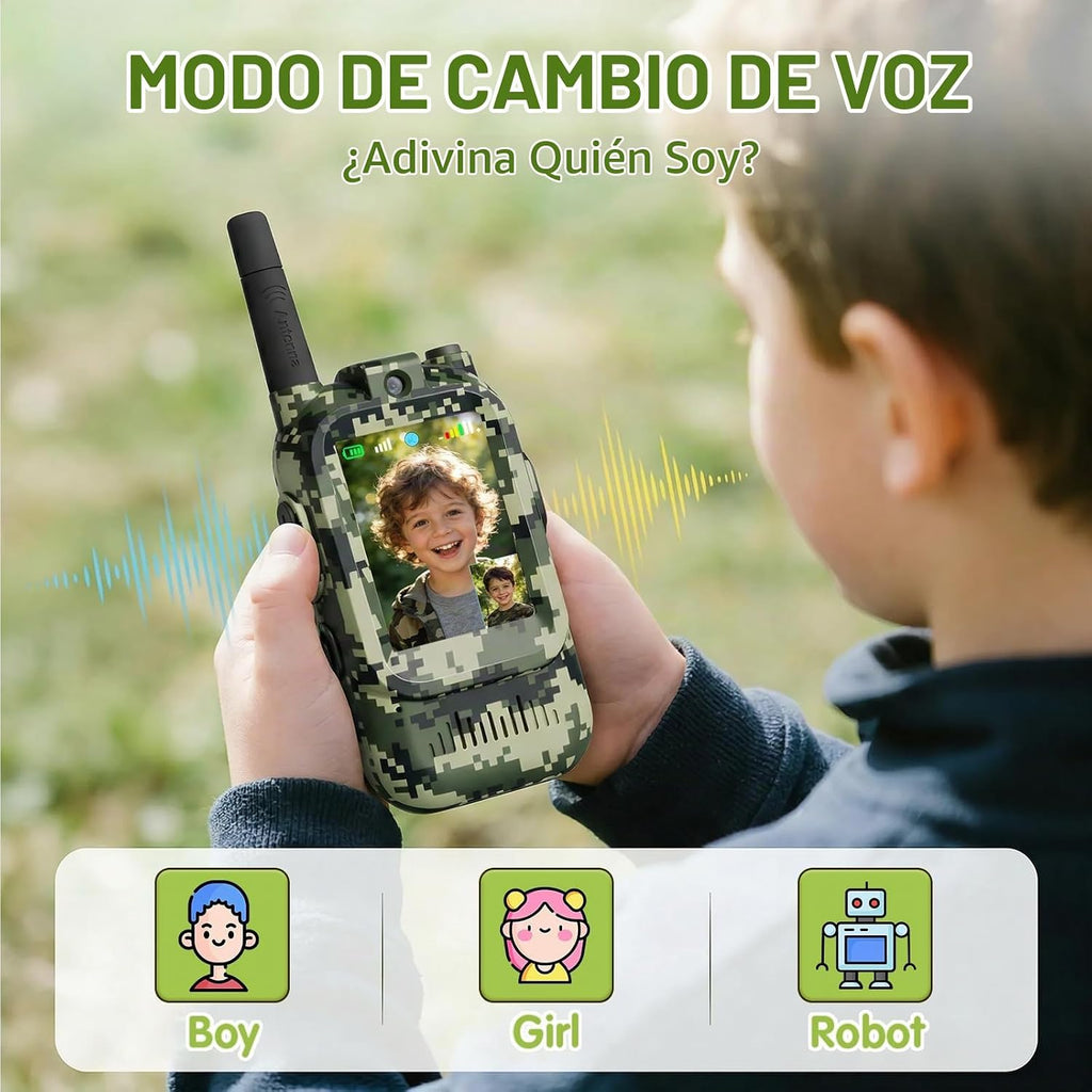 Walkie Talkies de video para niños, paquete de 2 juguetes de radio de camuflaje de 2 vías para niños de 3 a 12 años, walkie talkie de mano de largo alcance para acampar al aire libre, senderismo, el