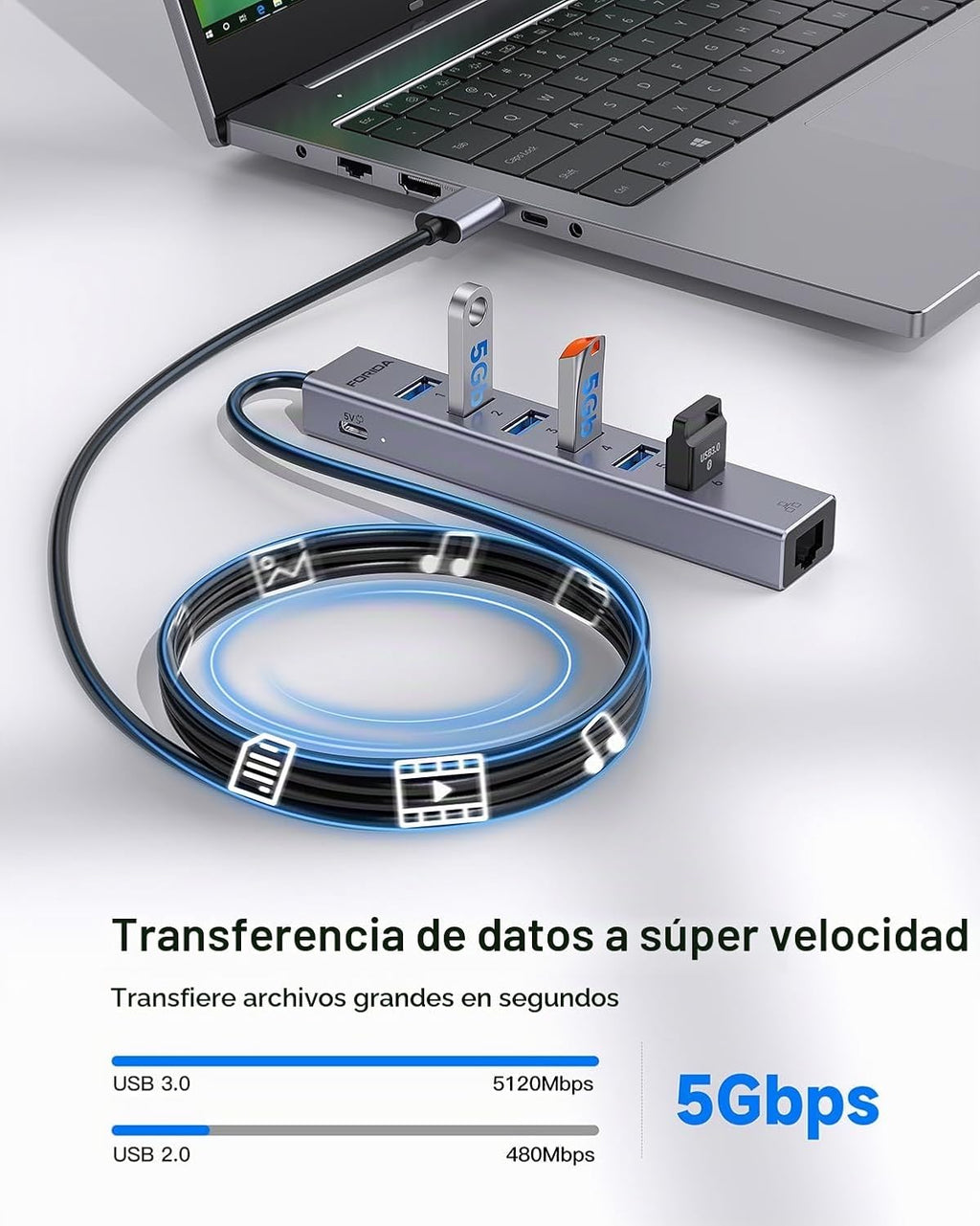 FORIDA, hub USB 8 de 7 puertos, con puerto de carga inteligente, adaptador 5V/3A