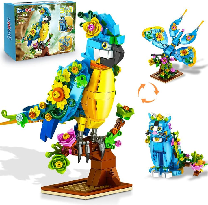 Juego de construcción 3 en 1 diseño de flores gatos loros