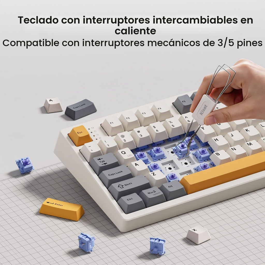 Kisnt KN104 Teclado mecánico inalámbrico, 100% tamaño completo con perilla, Bluetooth/2.4GHz/USB-C, retroiluminación RGB personalizada, interruptor lineal intercambiable en caliente
