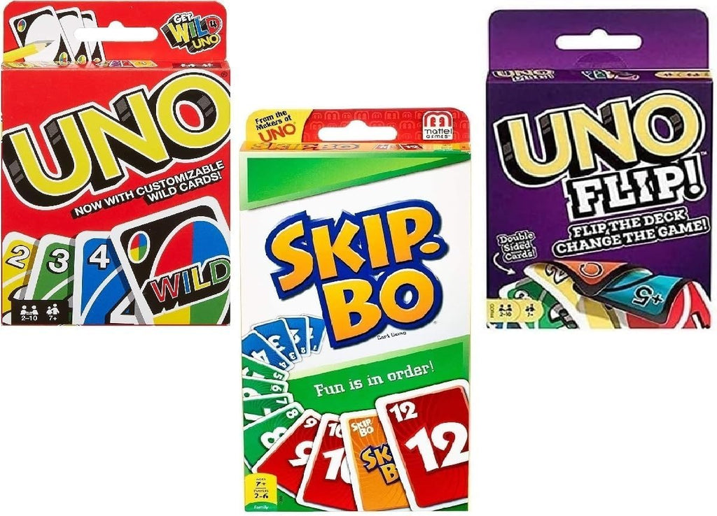 Mattel Juego de cartas Uno, Flip and Skip-Bo, paquete combinado de 3