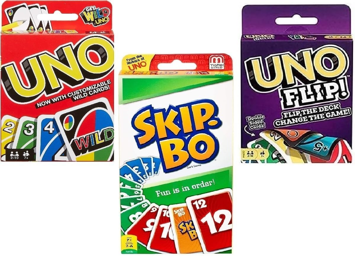 Mattel Juego de cartas Uno, Flip and Skip-Bo, paquete combinado de 3
