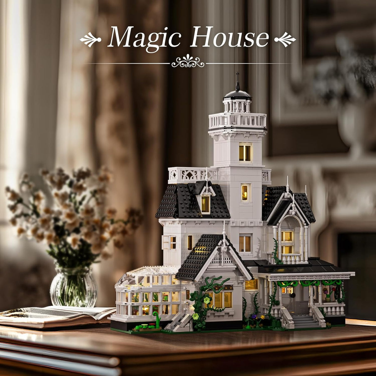 Juego de construcción de casa mágica con luz LED, juguete de bloques de casa Owens, kit de construcción de modelo de arquitectura de creador, compatible con Lego Horror House, decoración de oficina en