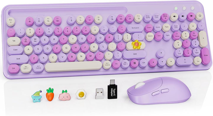 Combo de teclado y mouse inalámbricos, teclas redondas retro, tecla...