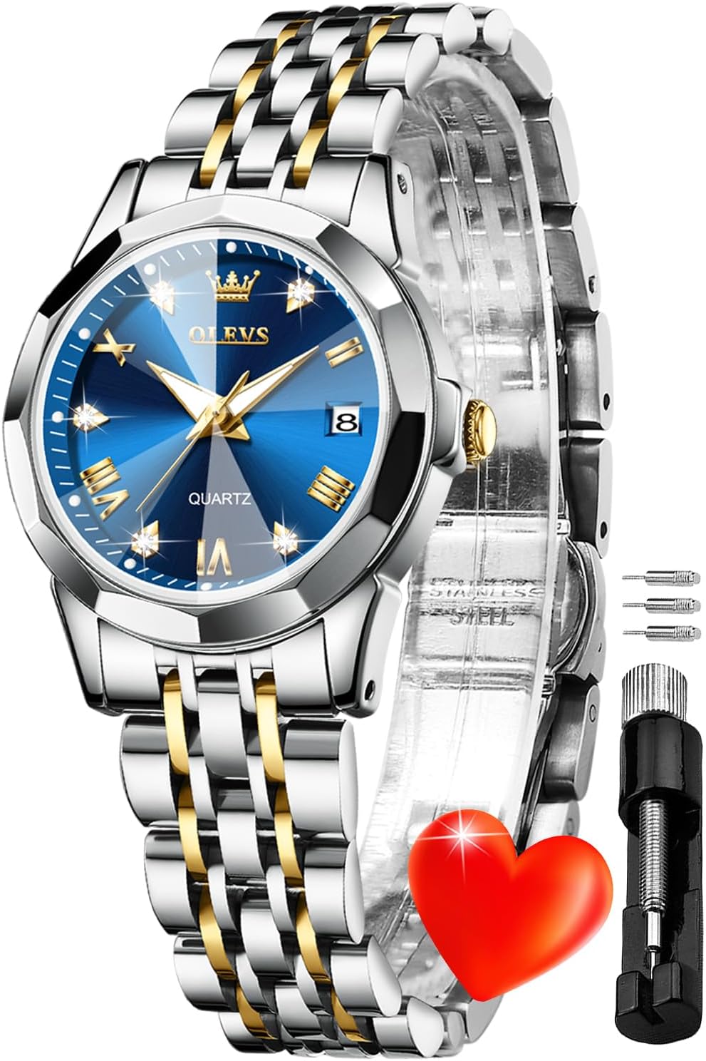 OLEVS Reloj Analógico de Cuarzo para Mujer, Acero Inoxidable Plateado de Dos Tonos, Moda, Resistente al Agua, Luminoso, con Fecha y Día, Relojes de Pulsera para Damas