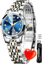 OLEVS Reloj Analógico de Cuarzo para Mujer, Acero Inoxidable Plateado de Dos Tonos, Moda, Resistente al Agua, Luminoso, con Fecha y Día, Relojes de Pulsera para Damas