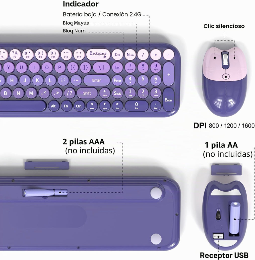 Combo de teclados inalámbricos y ratón, juego de teclado inalámbrico USB de 2.4 G, Negro Rosa-1
