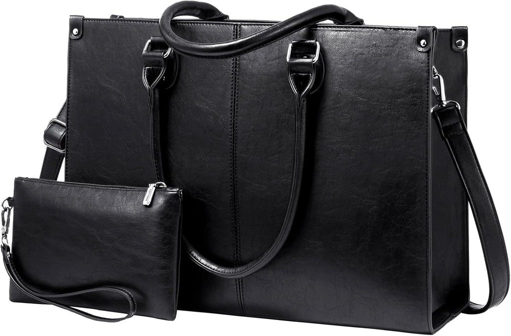 LOVEVOOK - Bolsa de mano para laptop para mujer, bolsa de trabajo profesional de 17.3 pulgadas con embrague a juego, bolsa de cuero vintage impermeable para computadora, oficina, viajes de negocios y uso diario, regalo para mujeres